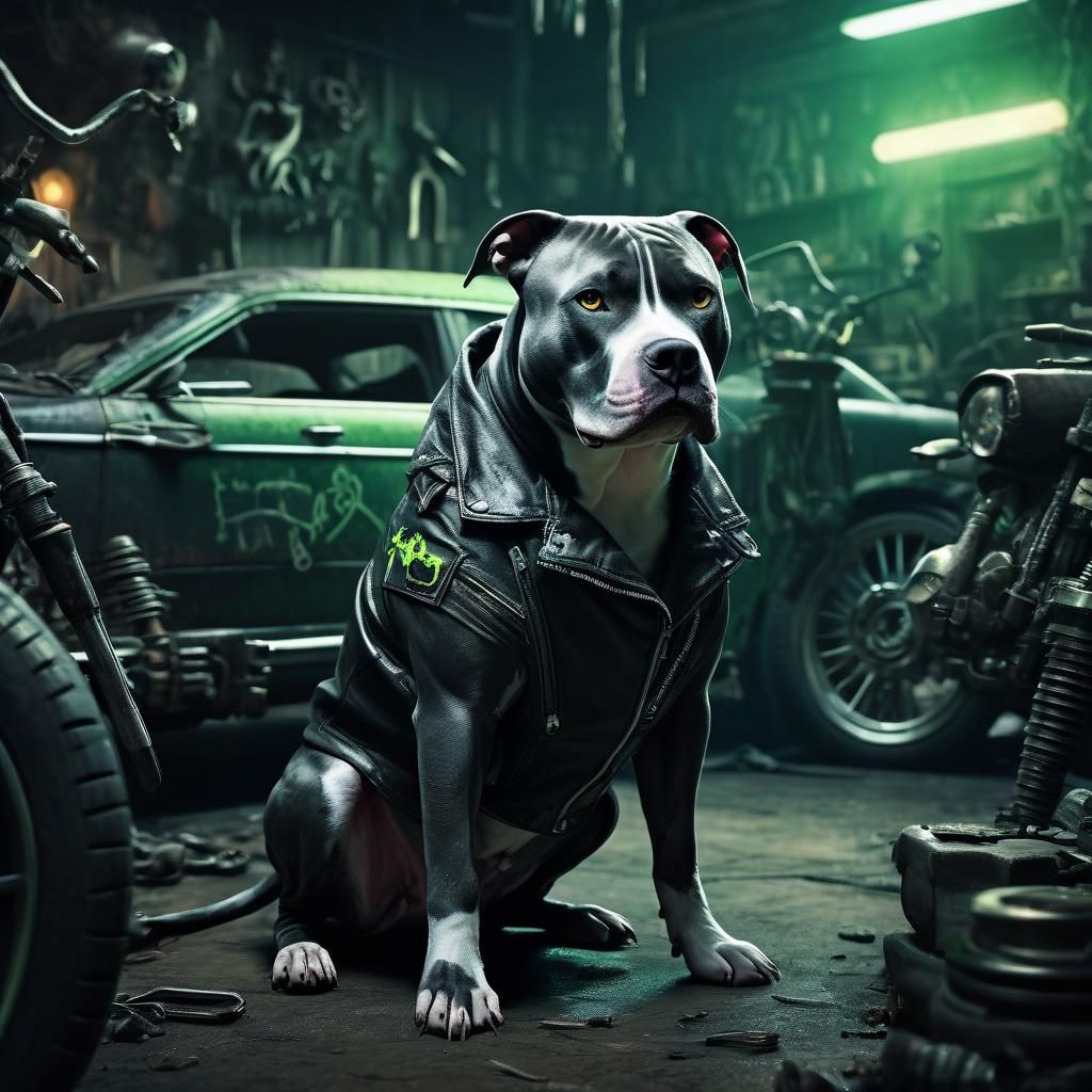 Dark Fantasy Pitbull Mechanic in Mystical Workshop