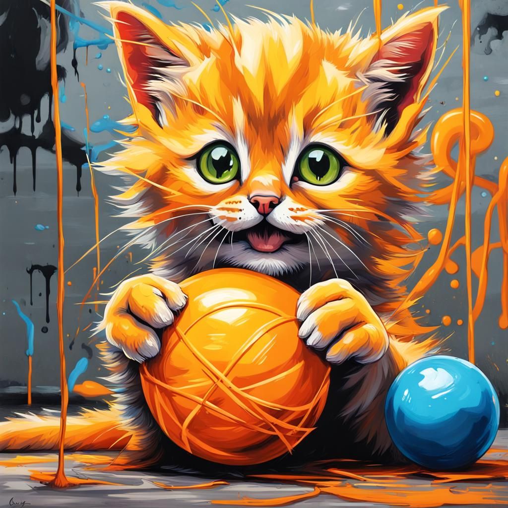 Orange Kitten Graffiti Art with Yarn
