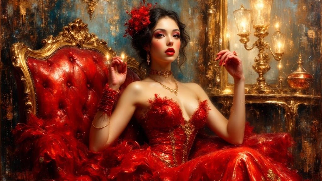 Elegant Princess in Scarlet: Oil Painting Style