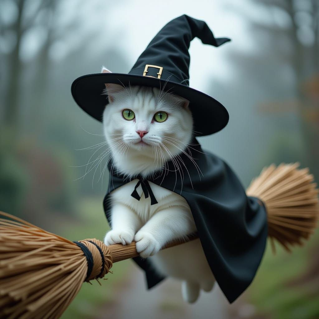Witch Cat Flying Broomstick in Cinematic Film Still