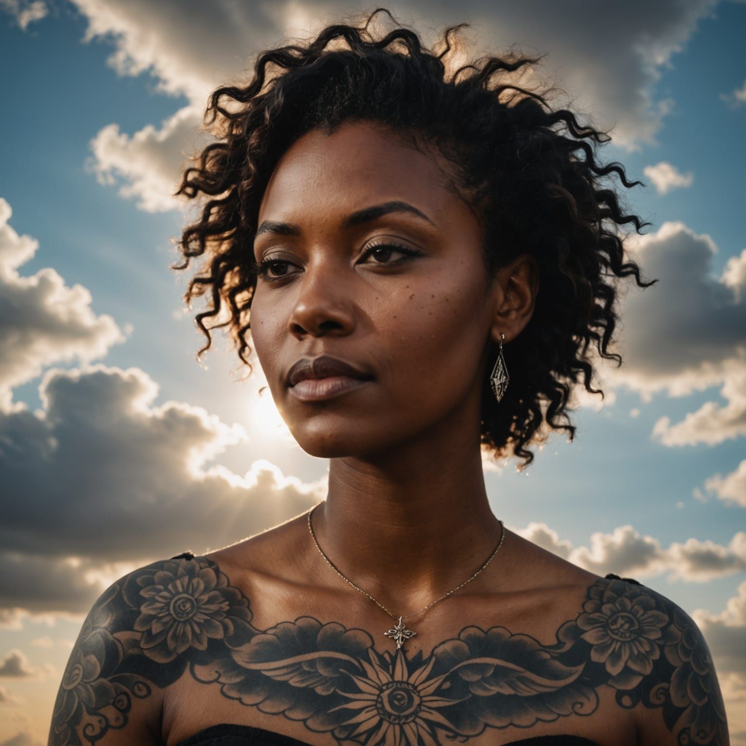 Surreal Woman with Dark Tattoos Basks in Heavenly Light