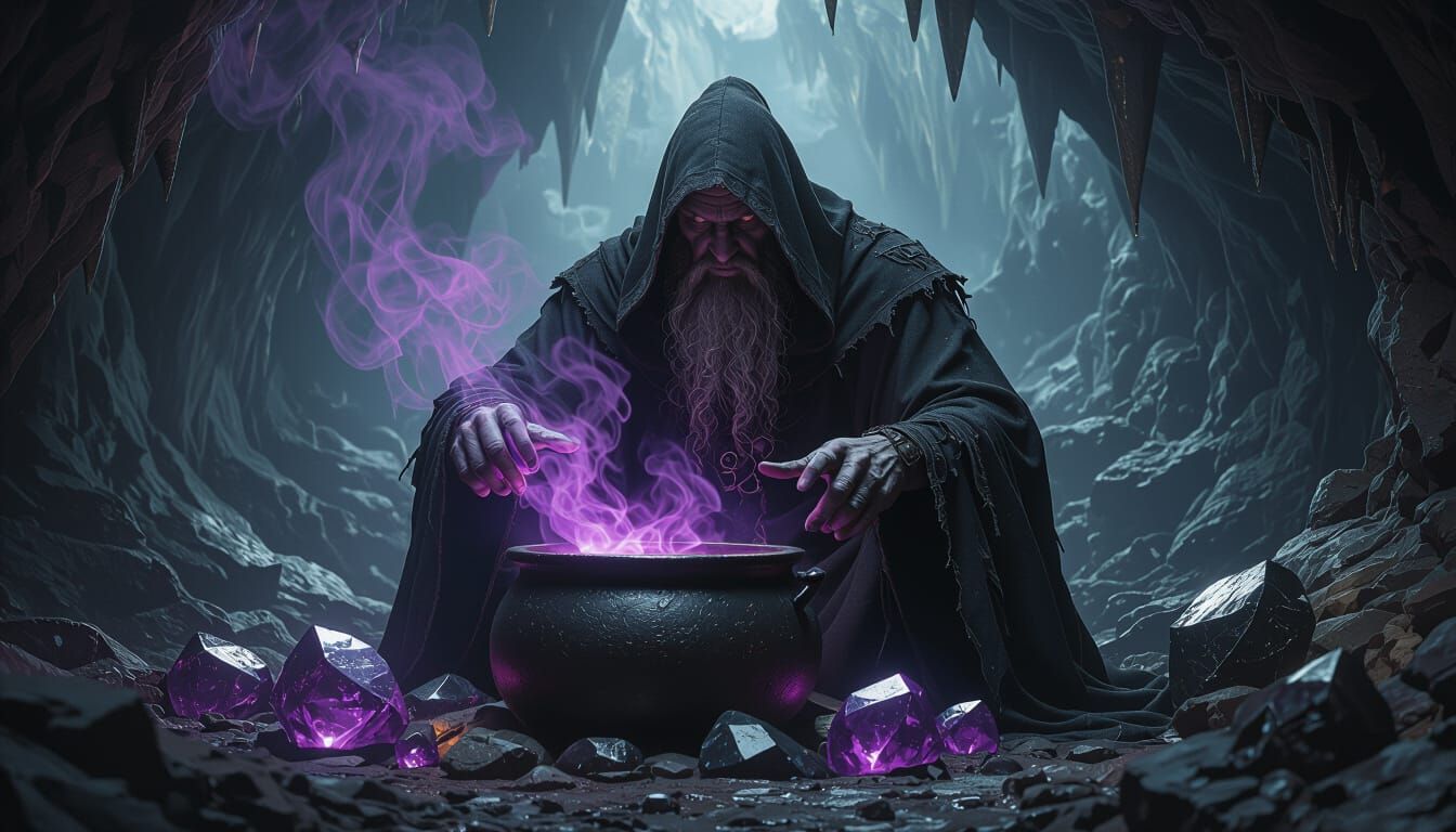 Evil Wizard in Dark Cave, Photorealistic Style