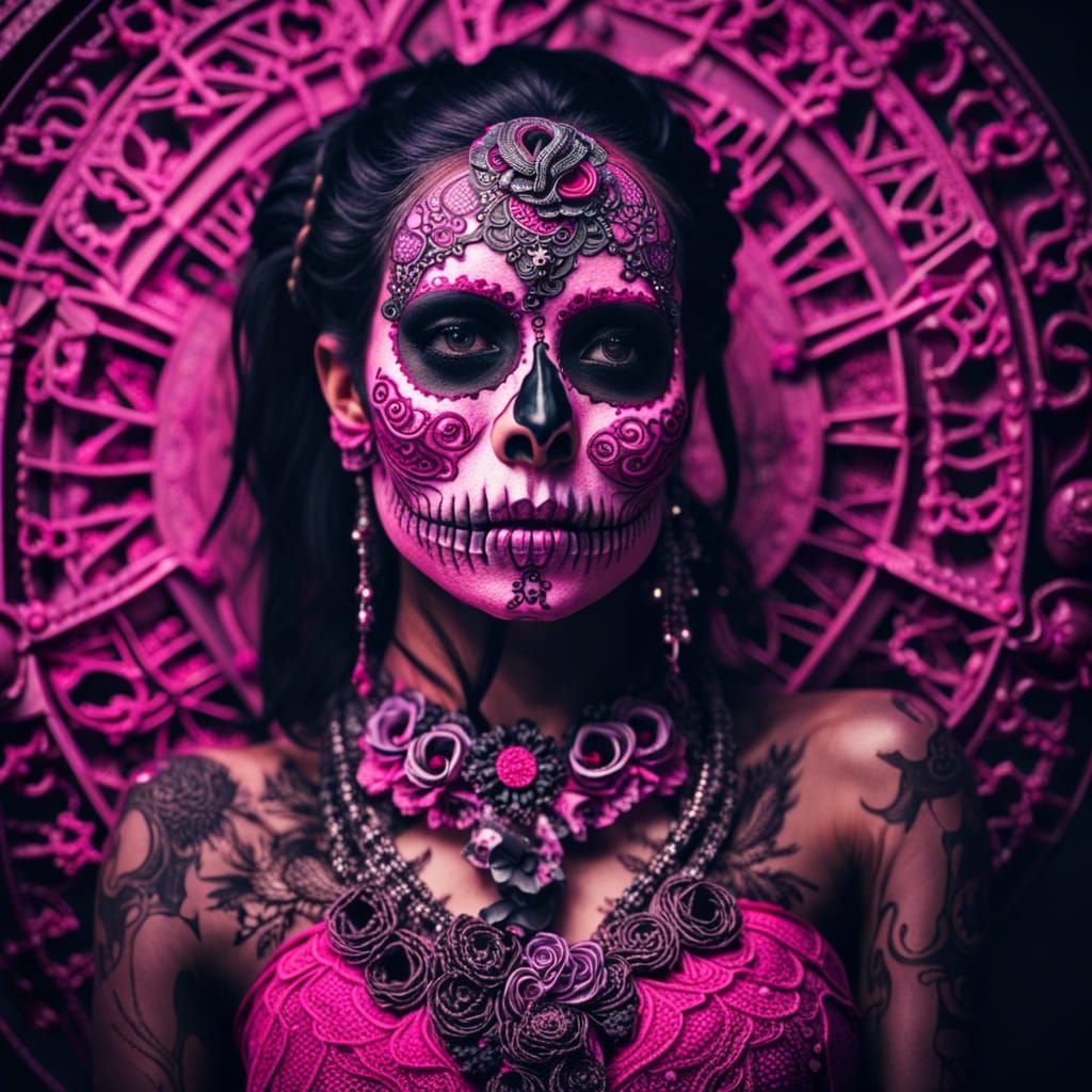 Woman with Intricate Pink Sugar Skull Makeup
