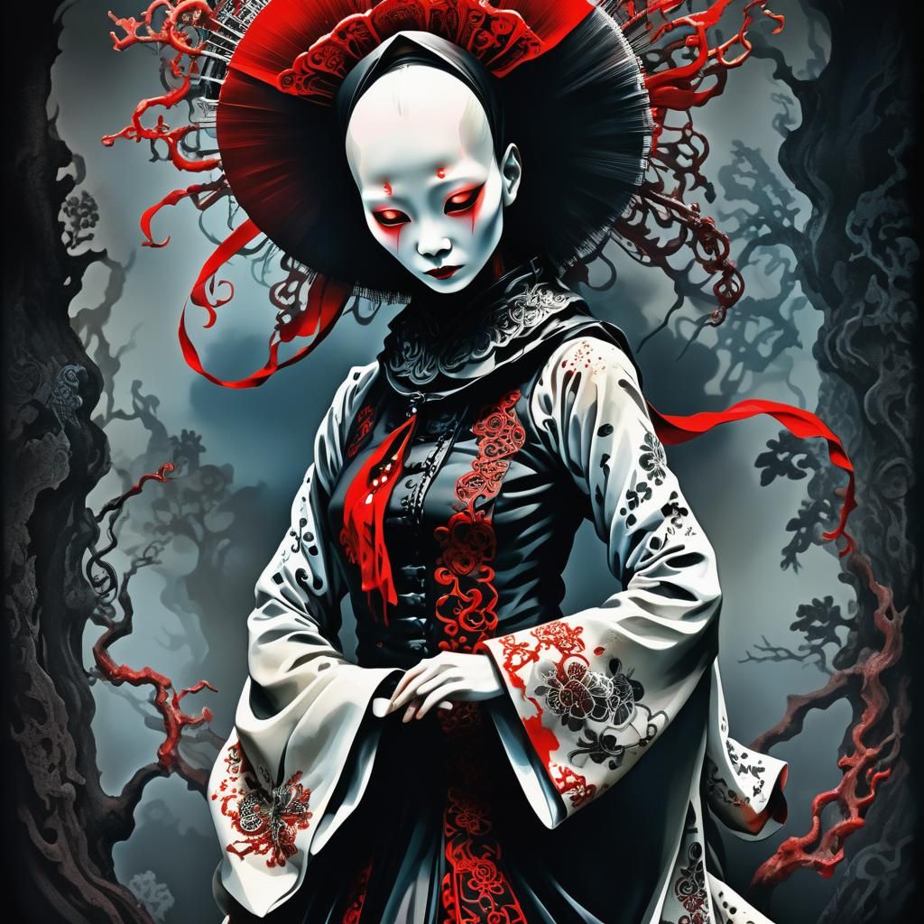 Sinister Butoh Nun in Ornate Red and Black