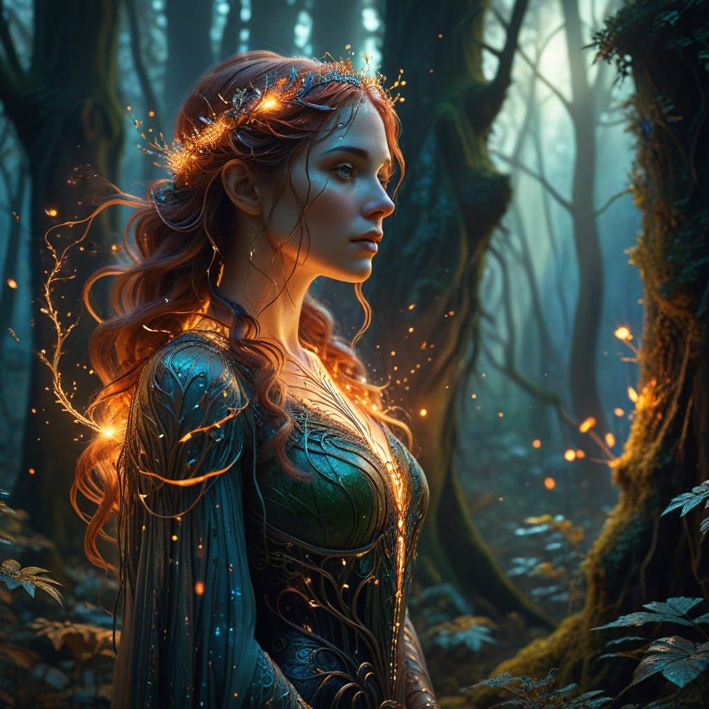 Art Nouveau Woman in Mystical Forest with Glowing Embers