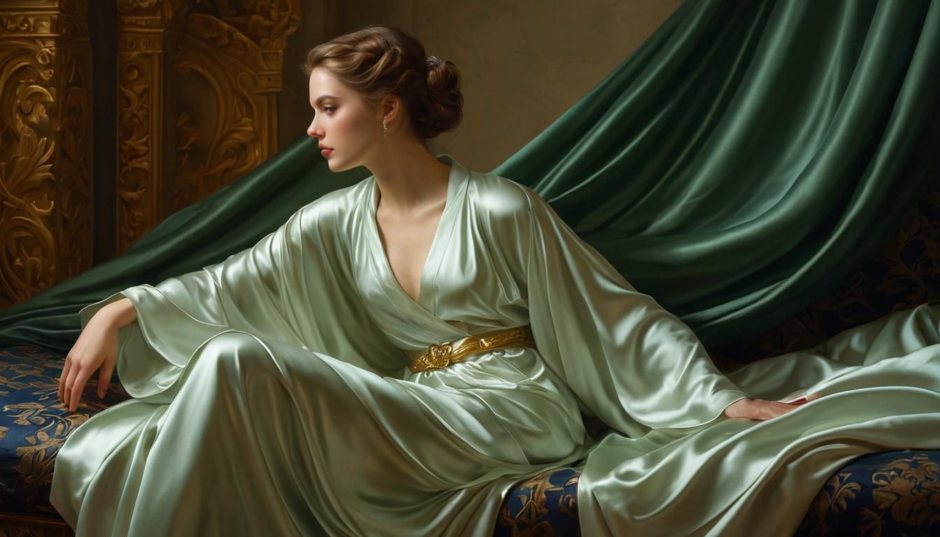 an elegant woman in tasteful satin dressing robe sliding off...