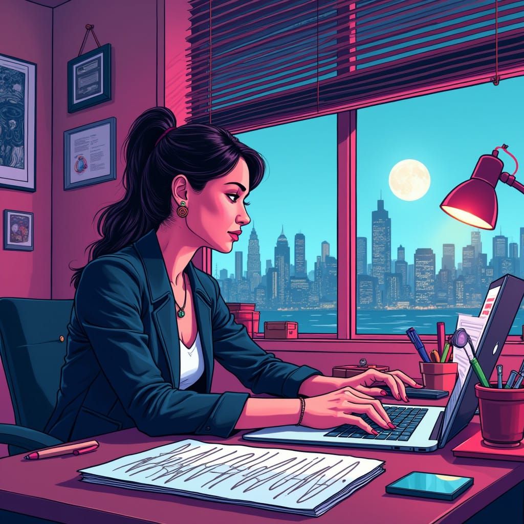 Futuristic Digital Artist Focused on Writing a Blog Post