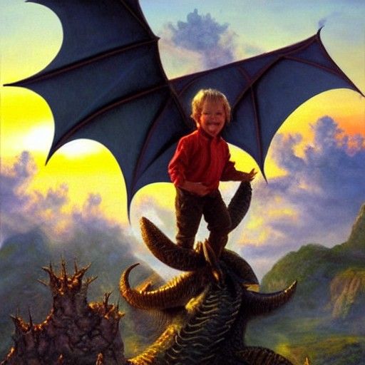 Boy Rides Dragon Through Sunset Sky as Oil Painting