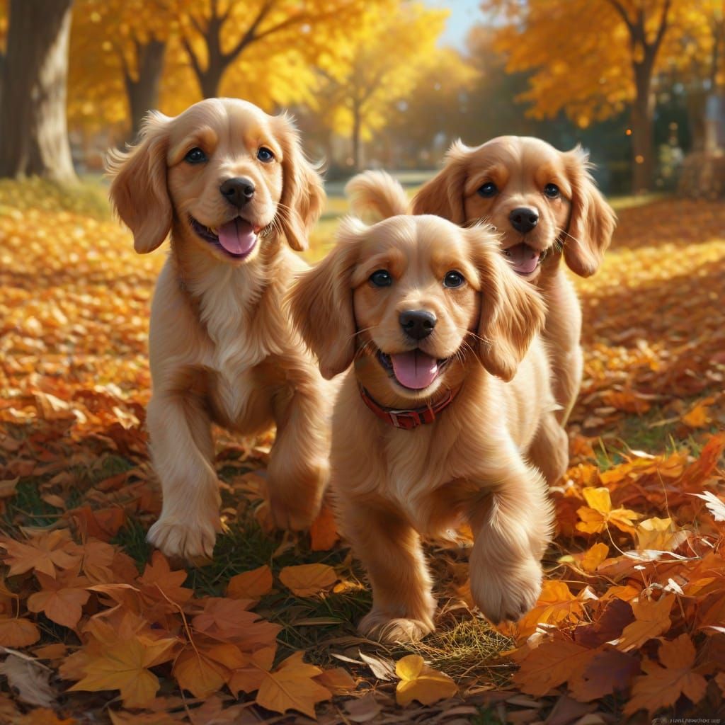 Adorable Cocker Spaniel Puppies Play in Autumn Leaves