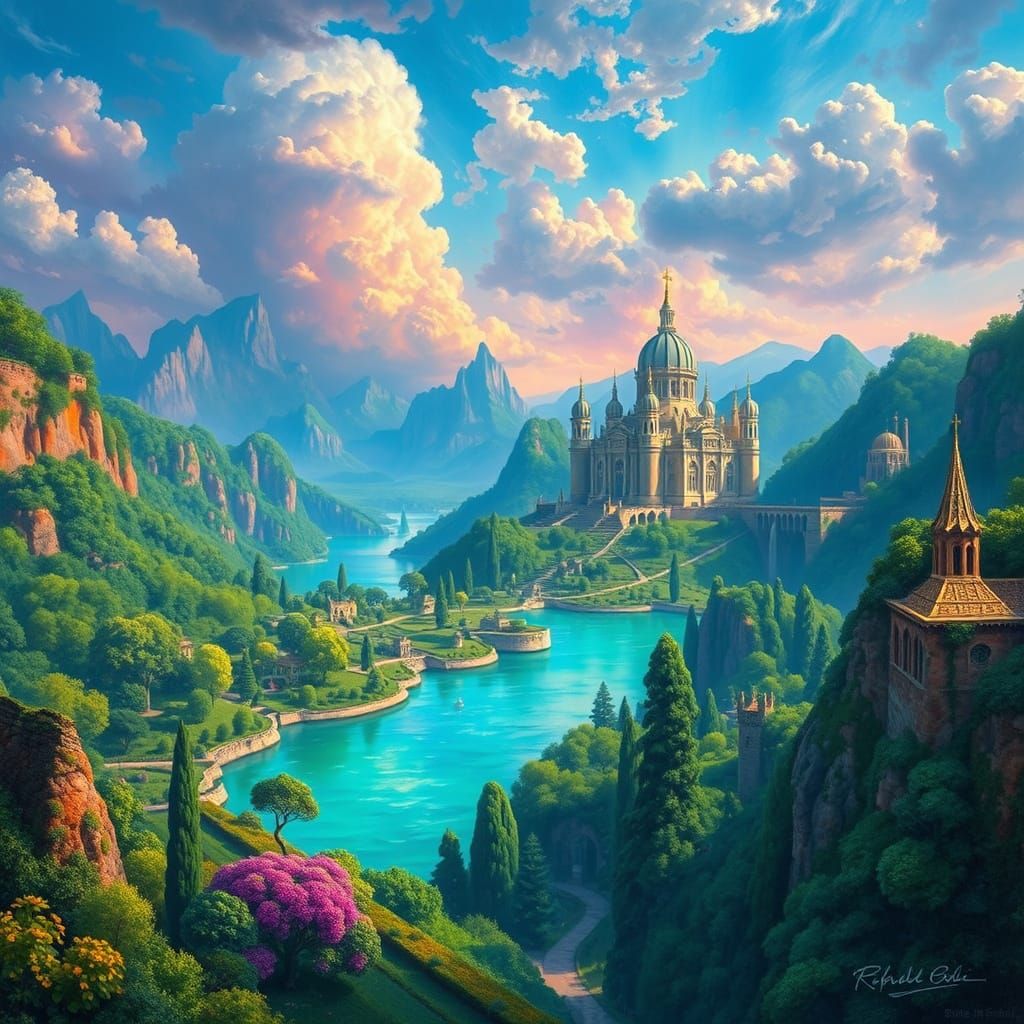 Surreal Xanadu Paradise with Turquoise Lakes and Emerald Gar...