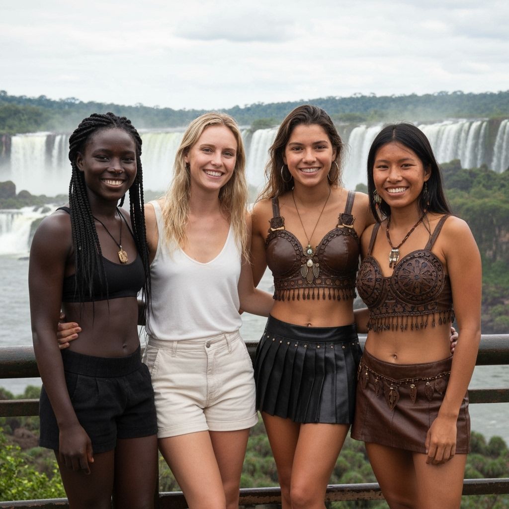 Diverse Women at Iguazu Falls in Photo-Realistic Style