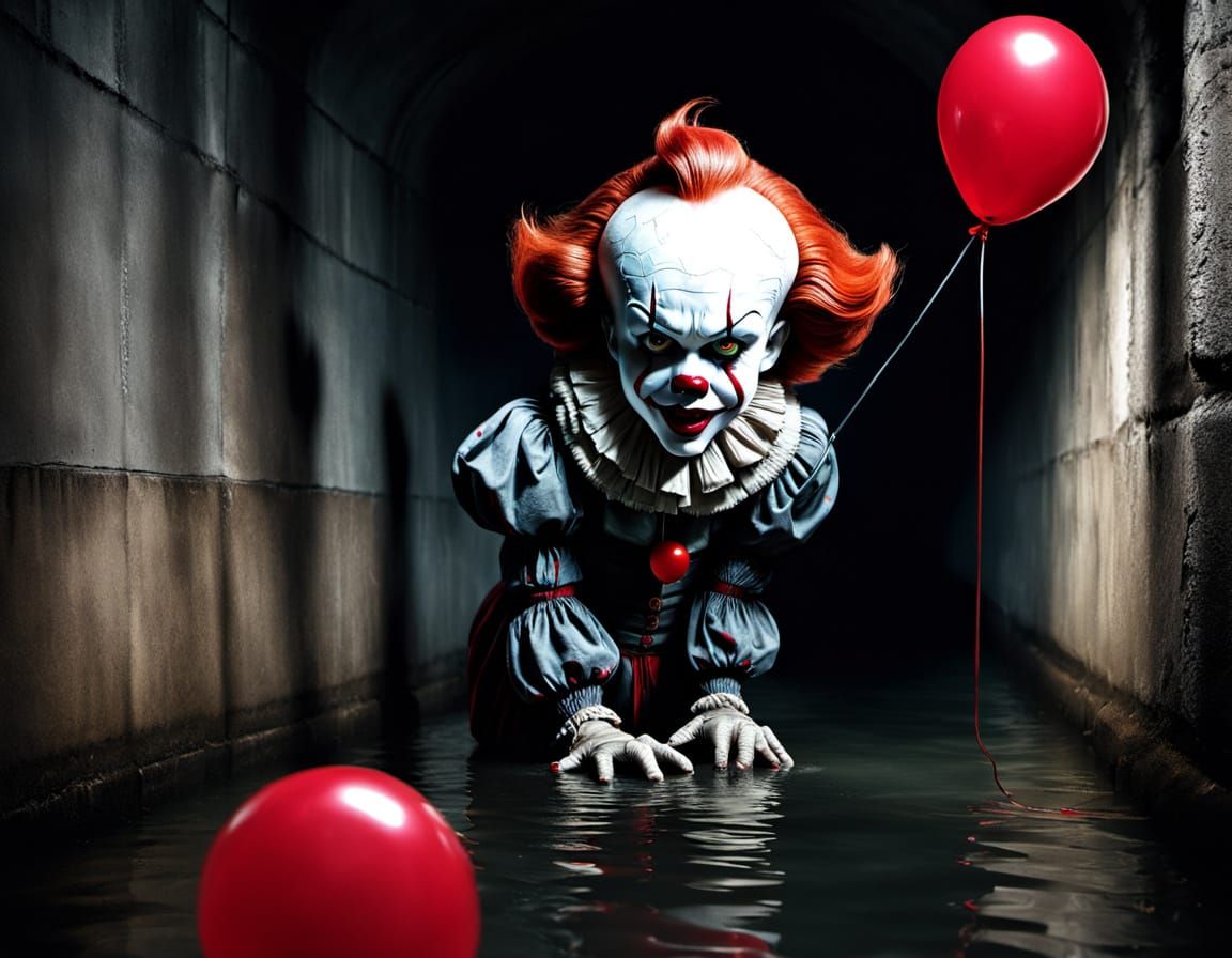 Sinister Red Balloon in Sewer: Hyperrealistic Horror