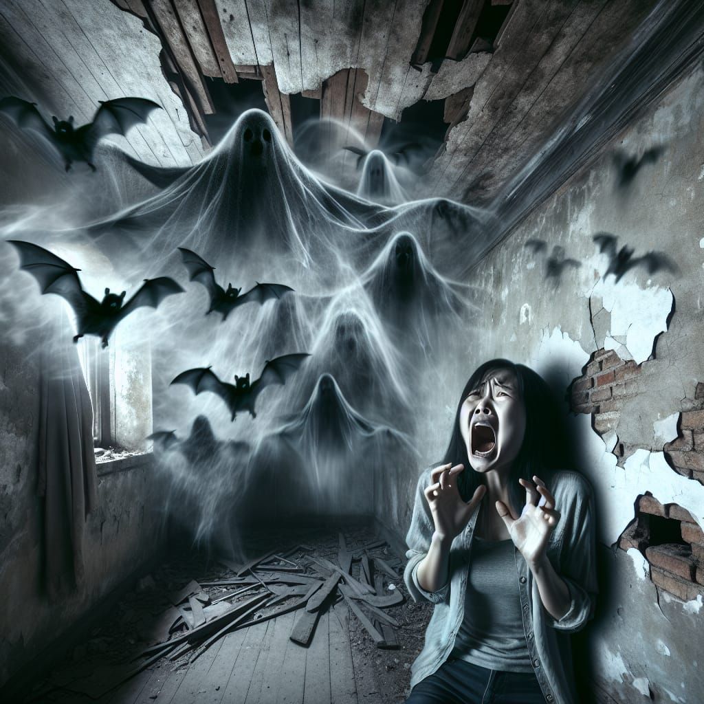 Terrified Woman with Bats in Dilapidated Room