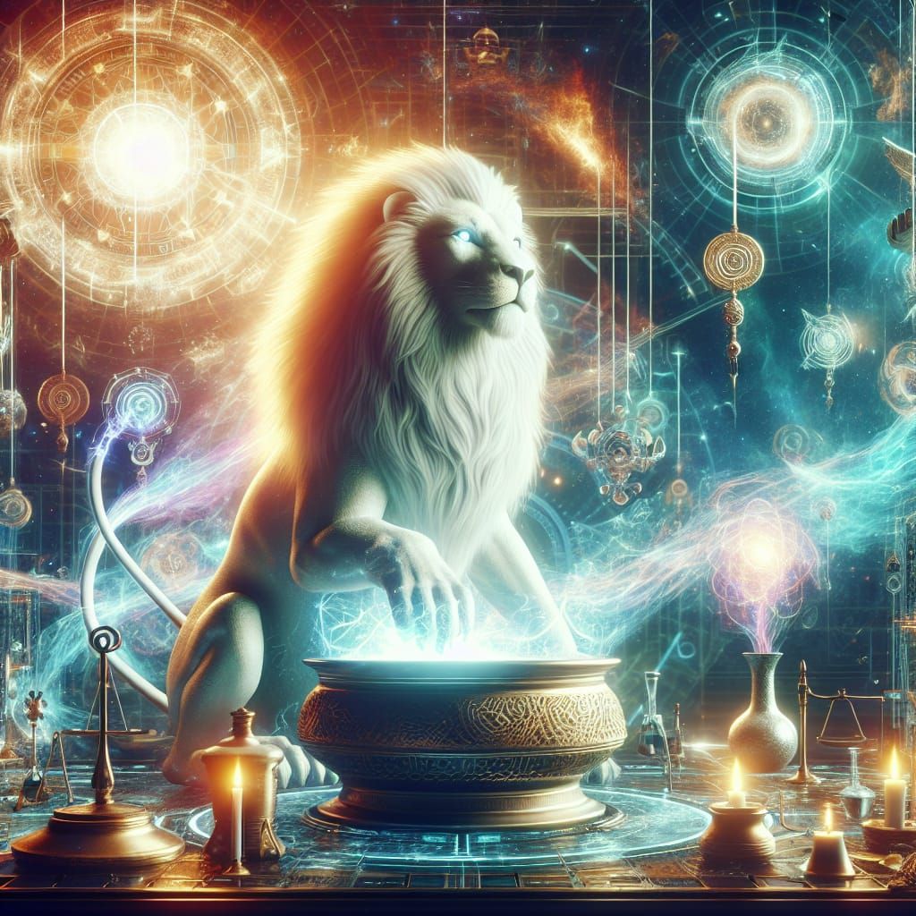 Lion-Humanoid Marbas Works in Ancient Science Lab