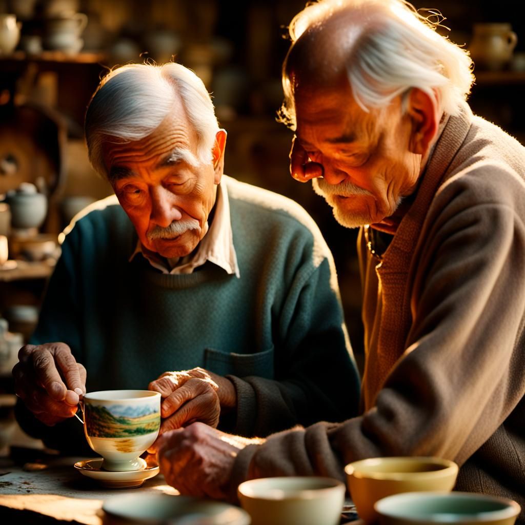 Craftsman Paints Landscape on Teacup: Cinematic Film Still