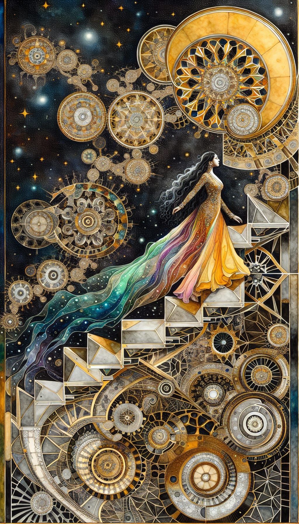 South Asian Goddess Ascends Fractal Bismuth Staircase in Art...