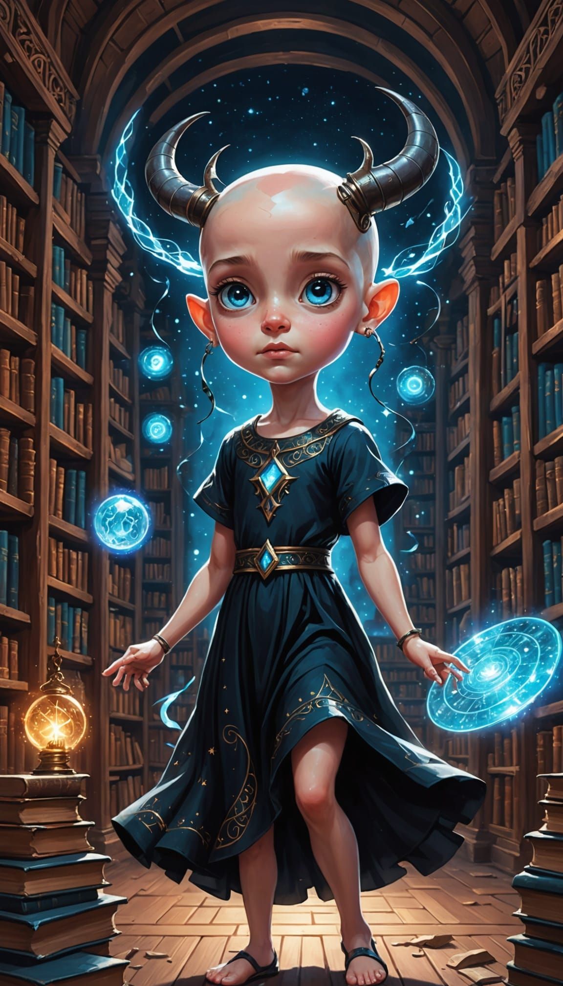 Dancing Horned Girl in Cosmic Library, Astral Illustration