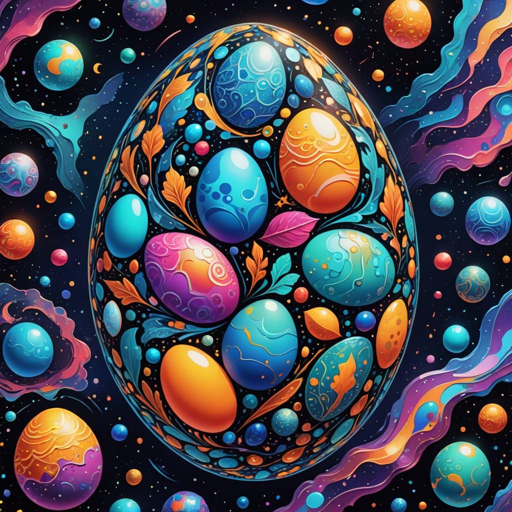 Vibrant Cosmic Egg Artwork in Holographic Style