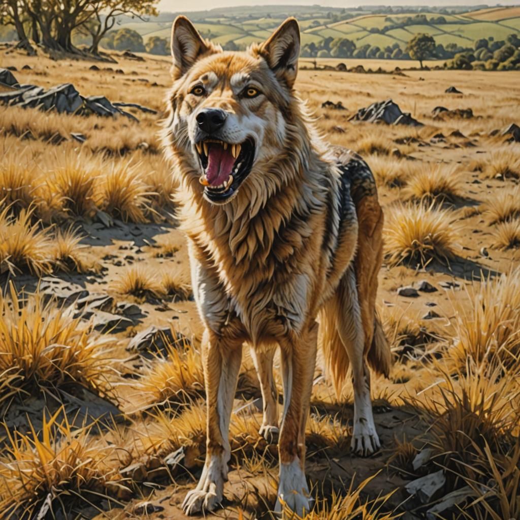 Wolf-Dog Howling in Parched Landscape