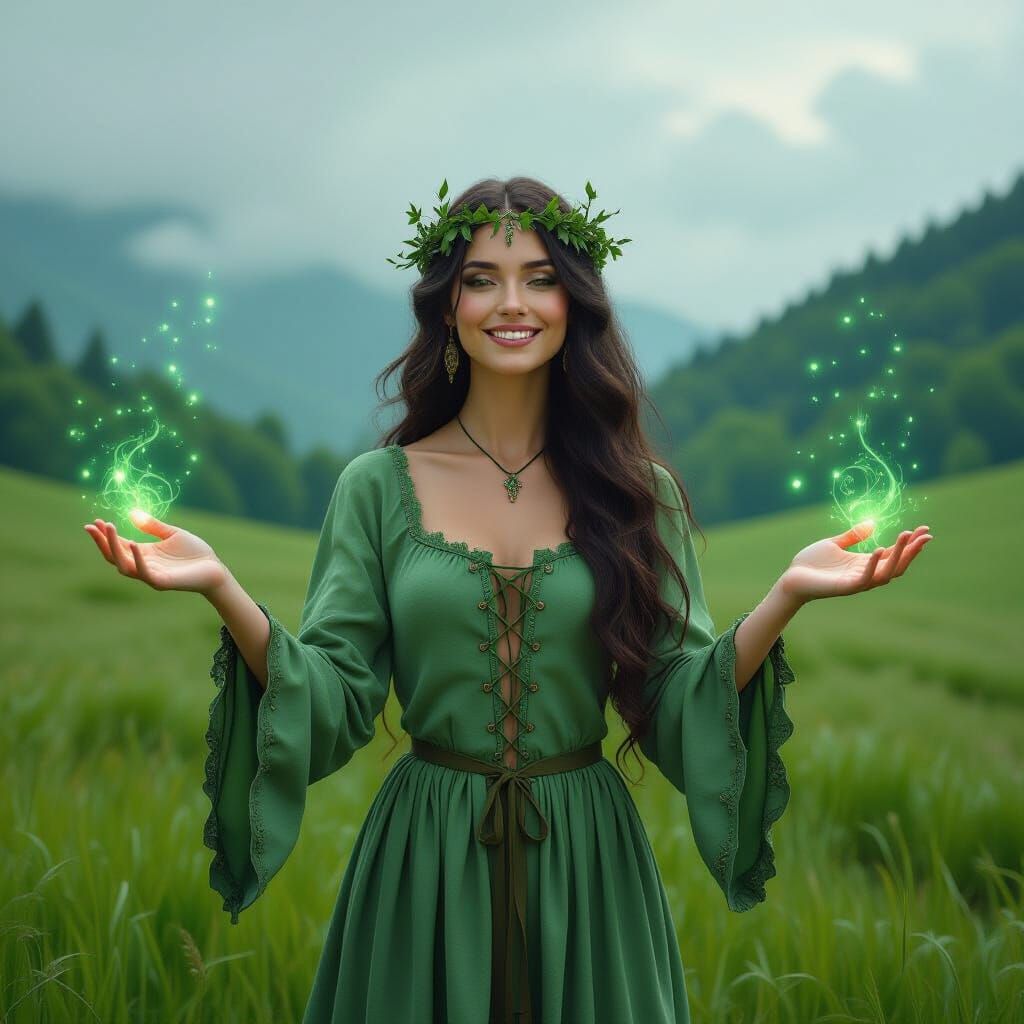 Green Enchantress Weaving Magic in Muted Landscape
