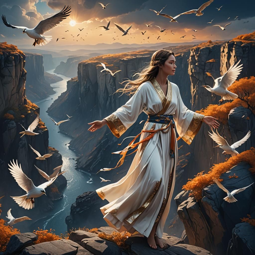 Woman on Cliff with Birds in Fantasy Matte Painting