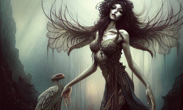 Elegant Harpy Digital Painting in Pre-Raphaelite Style