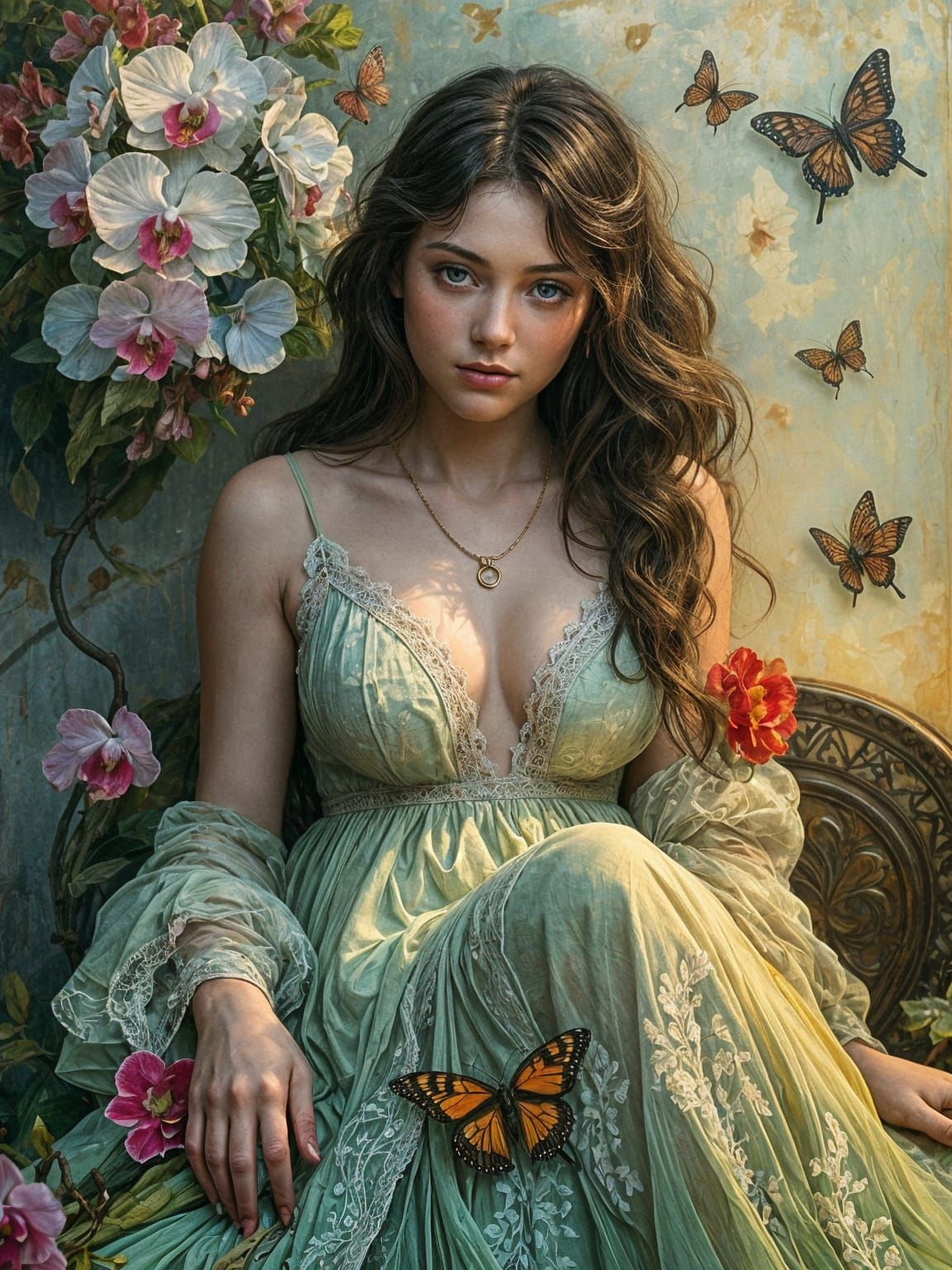 Ethereal Woman with Orchids: Impasto Oil Painting