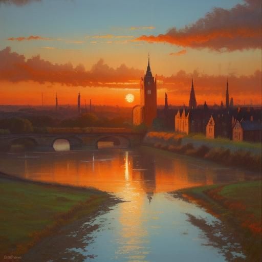 England Sunset: Orangered and Light Blue Oil Painting
