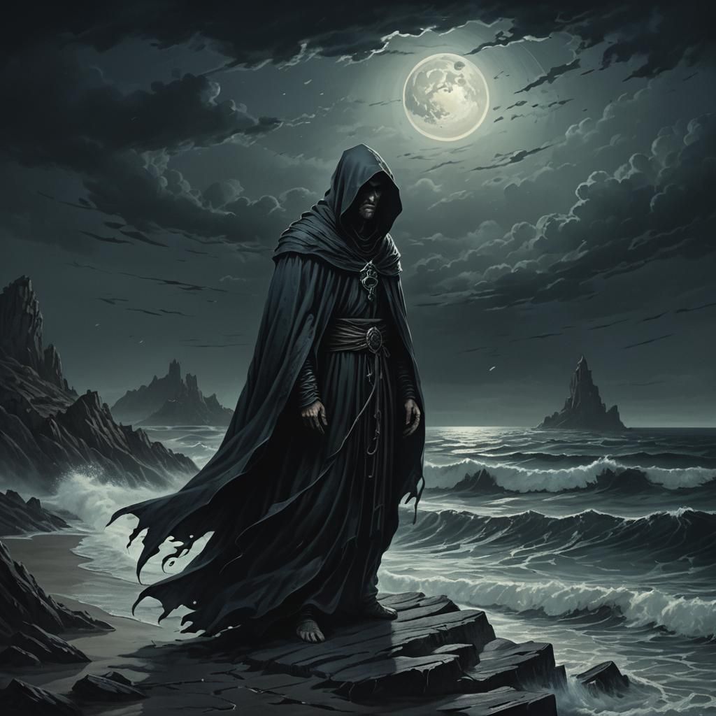 Ominous Figure by Moonlit Ocean in Dark Fantasy Style