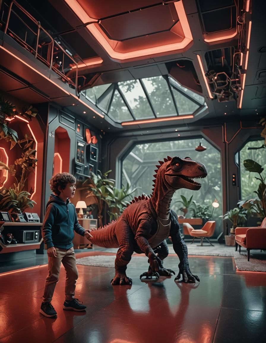 Retro Man and Dinosaur Cub in Cubist Home