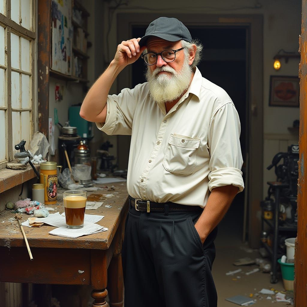 Disheveled Man in Coffee Room, Expressionist Painting