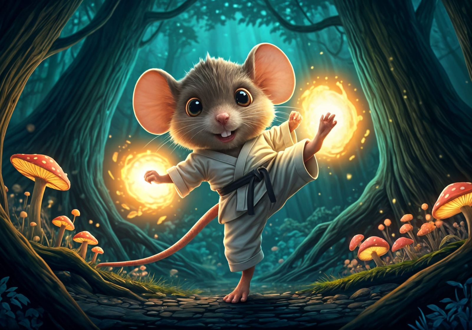 Enchanted Mouse Karate Master in Bioluminescent Forest