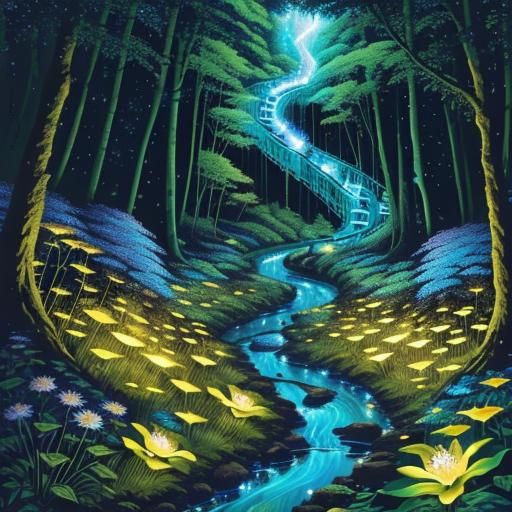 Bioluminescent Forest Stream: Fantasy Acrylic Painting