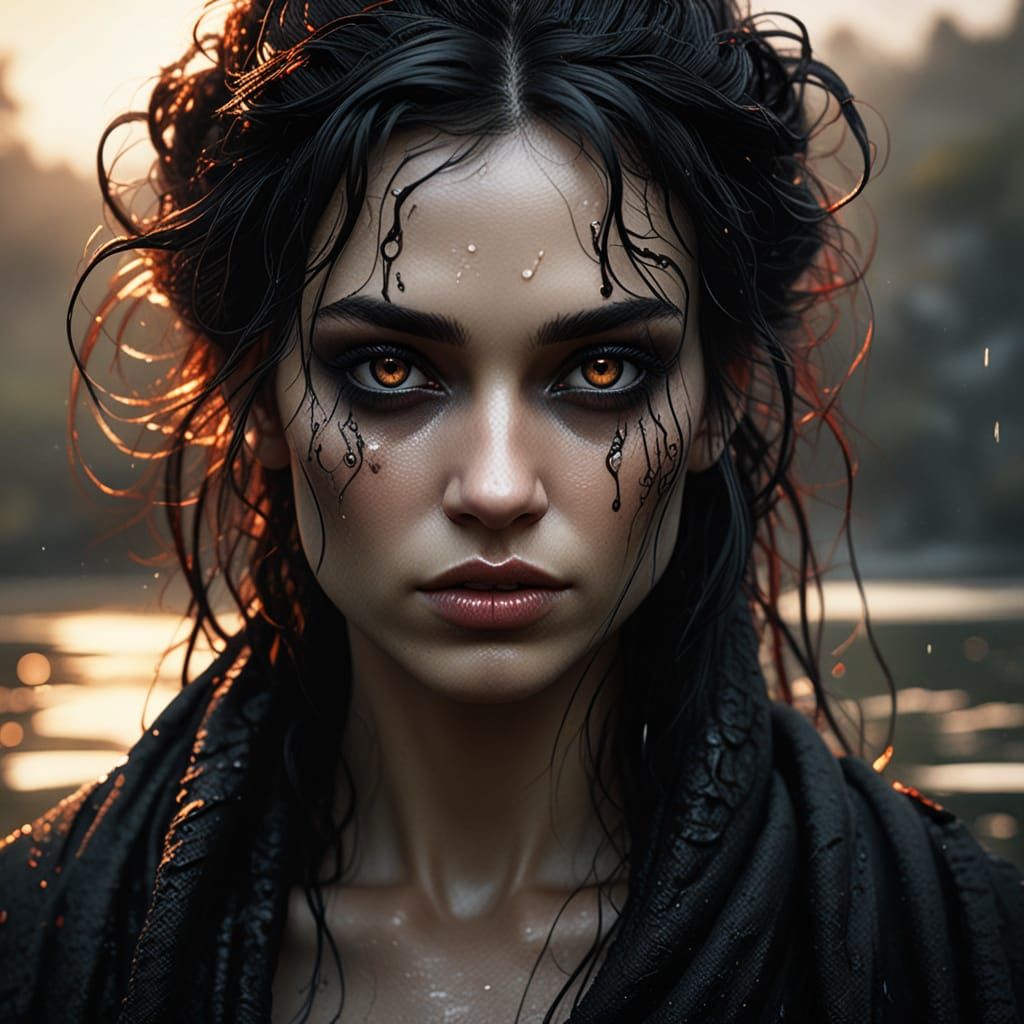 Dark Fantasy Elf Maiden Emerging from Mysterious Waters