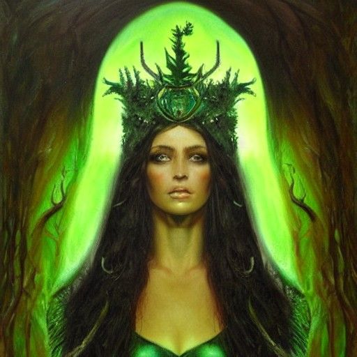 Emerald Goddess of the Dark Forest as Oil Painting