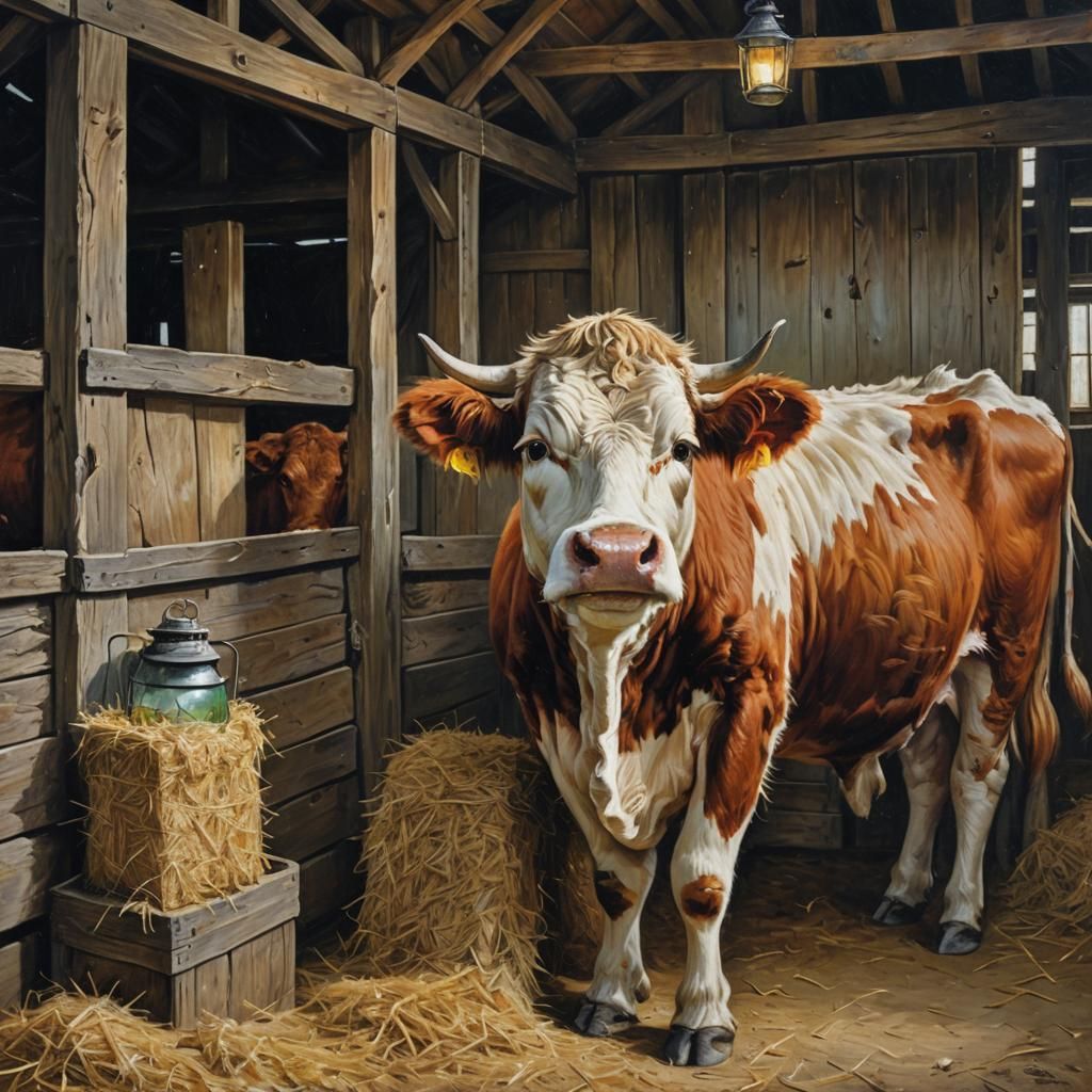 Furry Green-Eyed Cow in Barn: Oil Painting