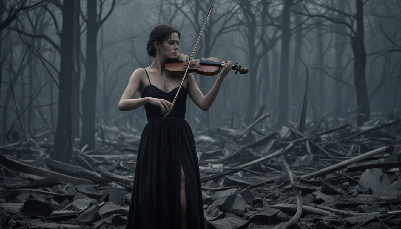 Sorrowful Woman Plays Violin in Charred Landscape