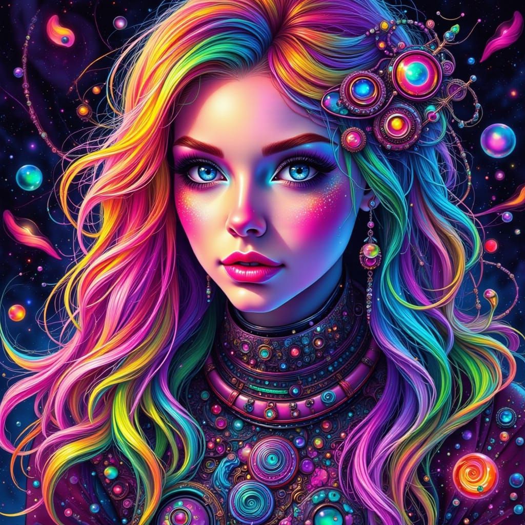 Cyberpunk Fae Goddess in Neon-Rainbow Hues