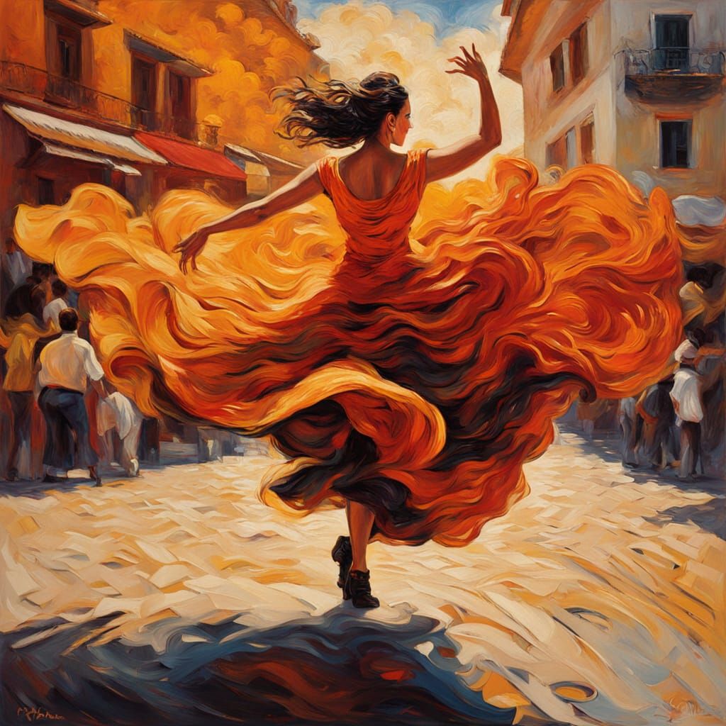 Vibrant Flamenco Dancer in Sun-Drenched Sevilla Plaza