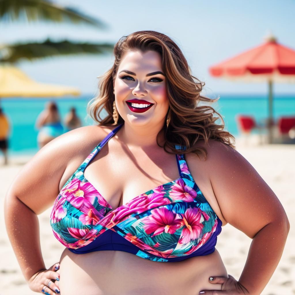 Plus-Size Woman Smiles at Beach Resort