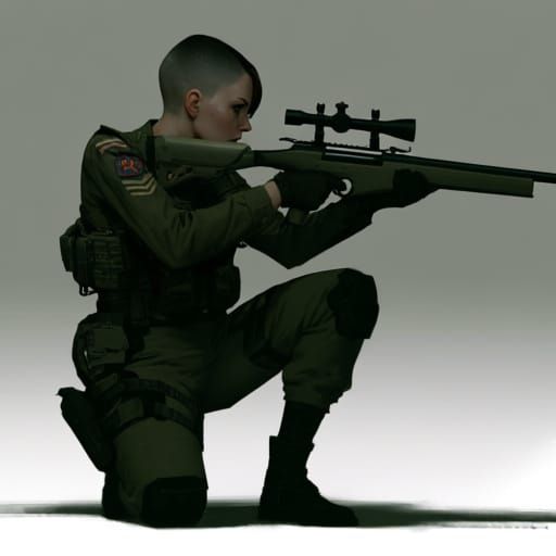 Woman Soldier in Defensive Stance with Sniper Rifle