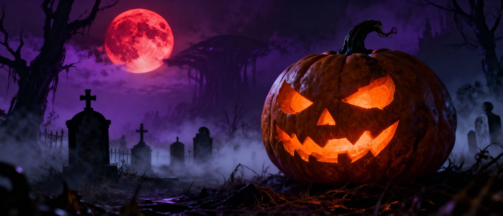 Eerie Halloween Jack-o'-Lantern in Foggy Graveyard