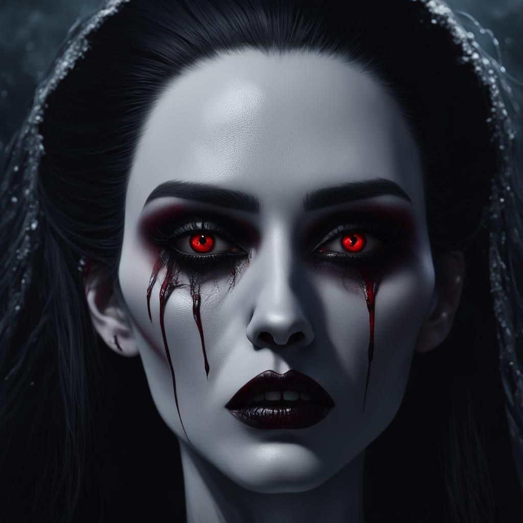 Unhinged banshee with long black hair and red eyes with tear...