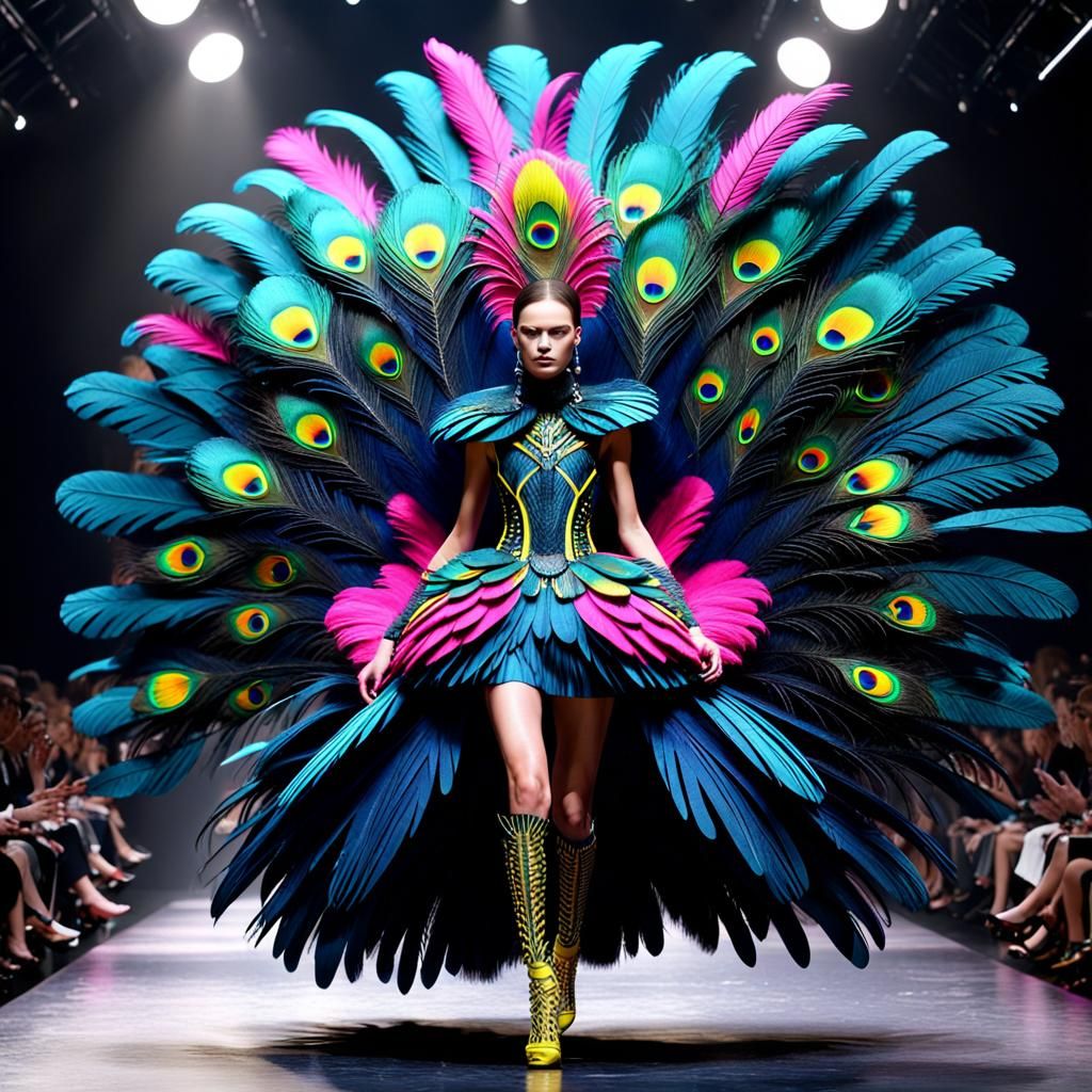 Neon Peacock Feather Catwalk Outfit in Avant-Garde Fashion
