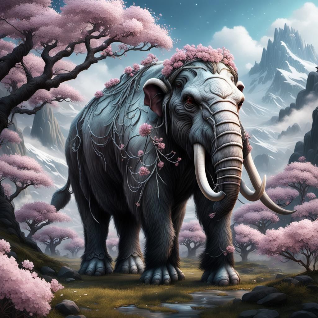 Silver Cherry Blossom Mammoth: Detailed Fantasy Art