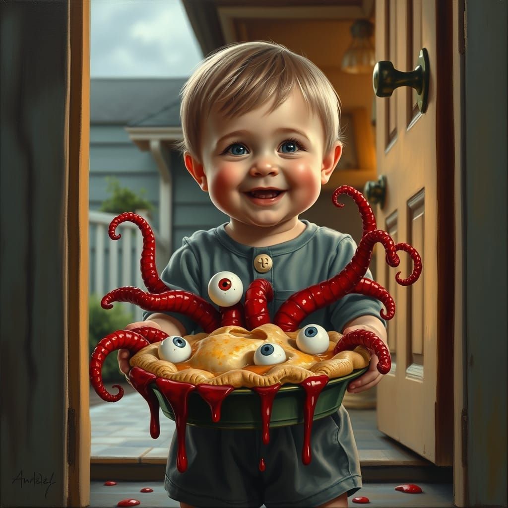 Toddler with Eyeball Pie: Classic Americana Oil Painting