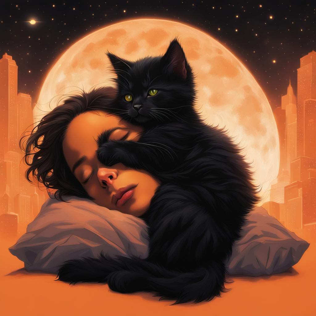 Fluffy Black Kitten Napping with Girl in Orange Glow