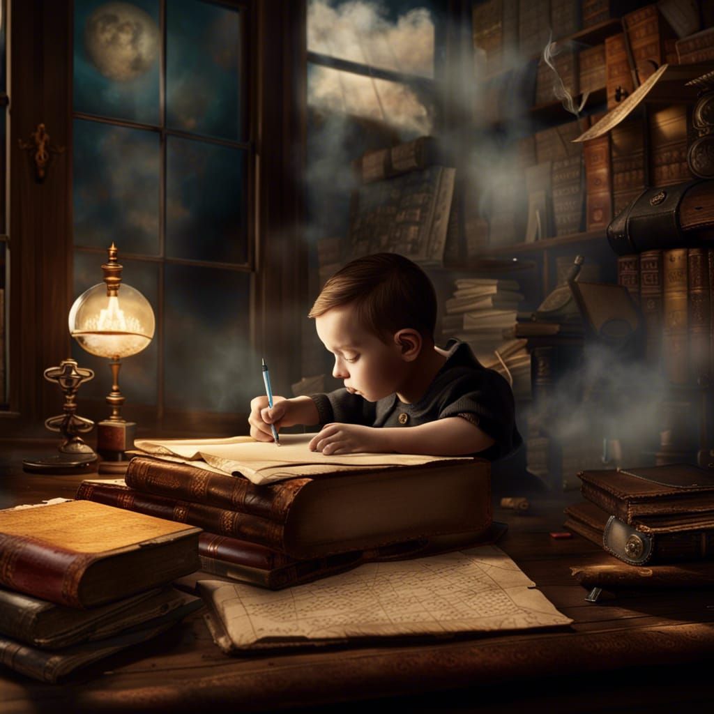 Baby Sits at Desk Writing During Atomic Bomb