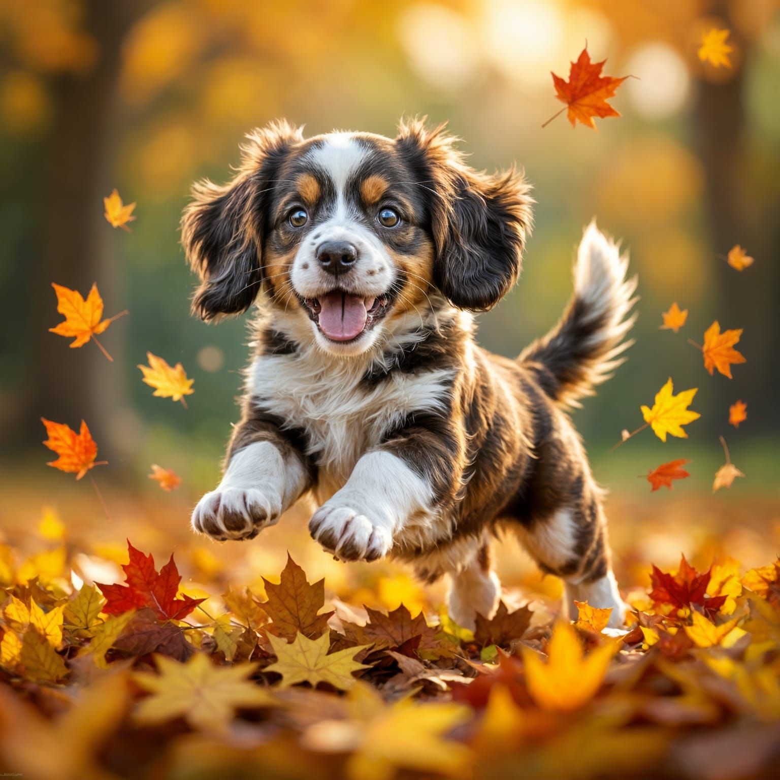 Adorable Springer Spaniel Pup Jumps in Autumn Leaves