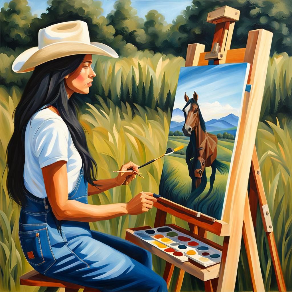 Cowgirl Paints Horse in Meadow, Photorealistic Oil